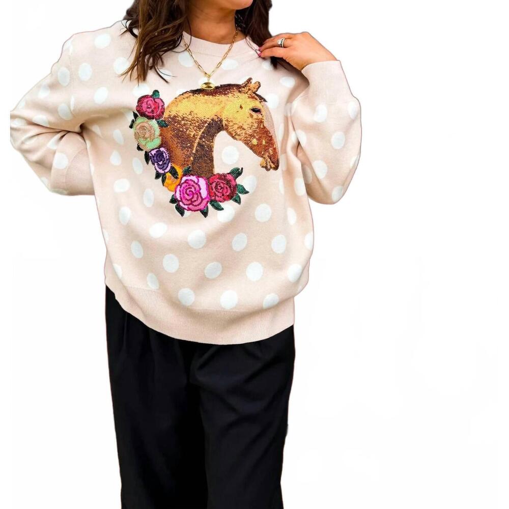 NEW QUEEN OF SPARKLES polka dot horse & rose wreath sweater in pink - Picture 6 of 9